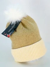 Womens Knit Cuffed Beanie Hat Faux Fur Pom Pom Rib Taupe Beige Winter Warm Gifts