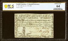 South Carolina February 8, 1779 $90 PCGS Banknote Choice Unc 64. Finest Grade...