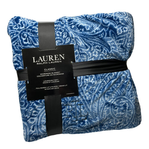 Ralph Lauren Blanket Micromink Plush Soft Luxury 90x90 Full/Queen Blue White NEW