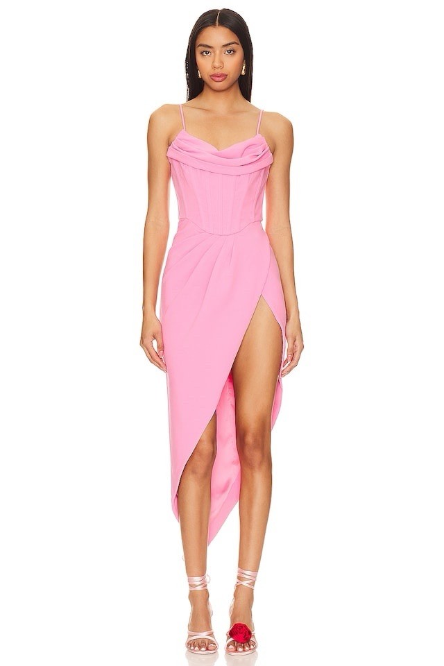 Bardot Candy Pink Wrap Midi Dress Corset Cowl Neck Slit Bodycon Event NWT Size L