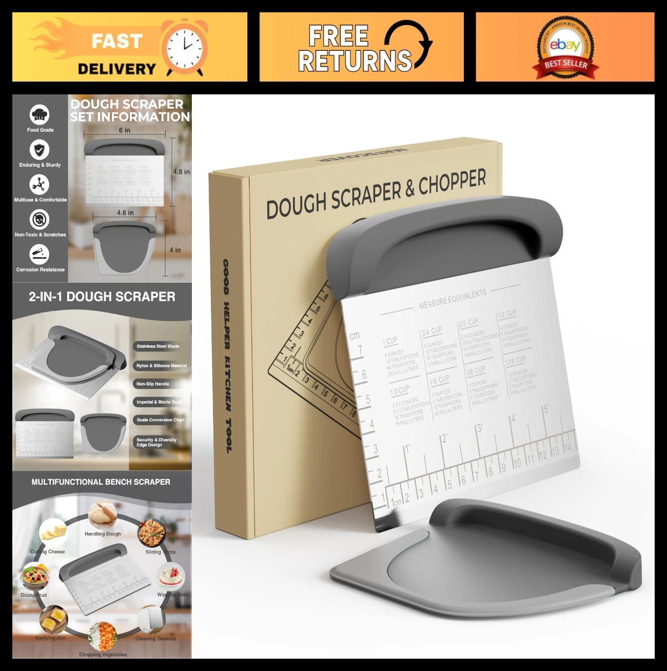 Dough Cutter Bench Scraper Tool - Pastry & Bread Scraper with Grip Handles, Meas
Opens in a new wind