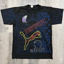 Vintage Ferrari All Over Print Shell Racing T Shirt Black 90s Y2K Formula 1 AOP