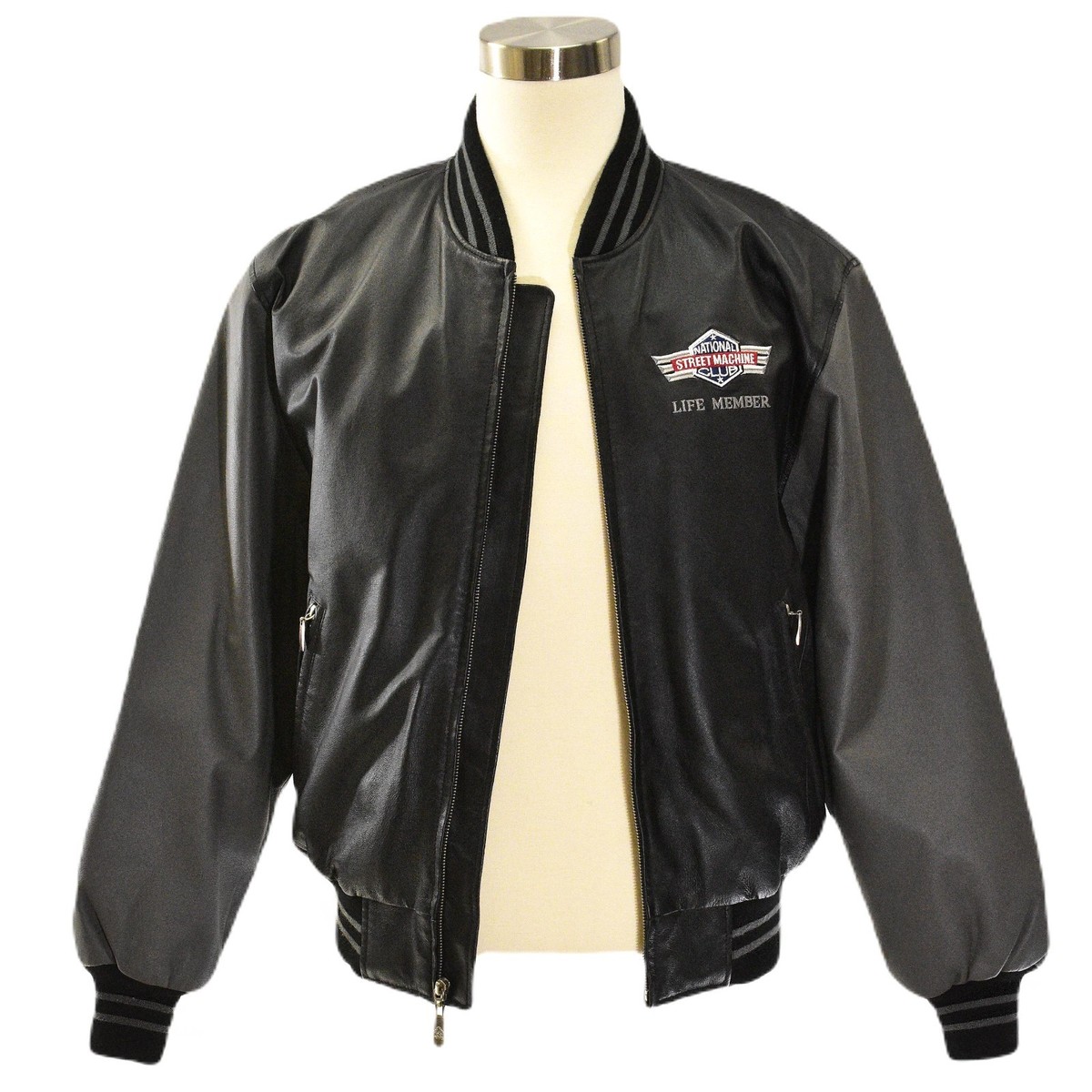 80s Vintage Leather Bomber Jacket Mens S Black NSMC Hot Rod Racing