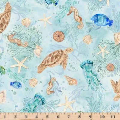 P&B TEXTILES Sea Whispers Aqua Sea Life Turtles 5779 LBG Sale Quilt Cotton Fabric by half yd