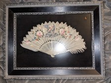 Antique Chinese Hand-Painted Peacock Feather Courting Fan In Shadowbox Frame