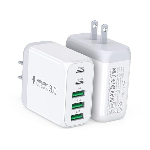 50W 5-Port USB C Fast Wall Charger Block 2-Pack White