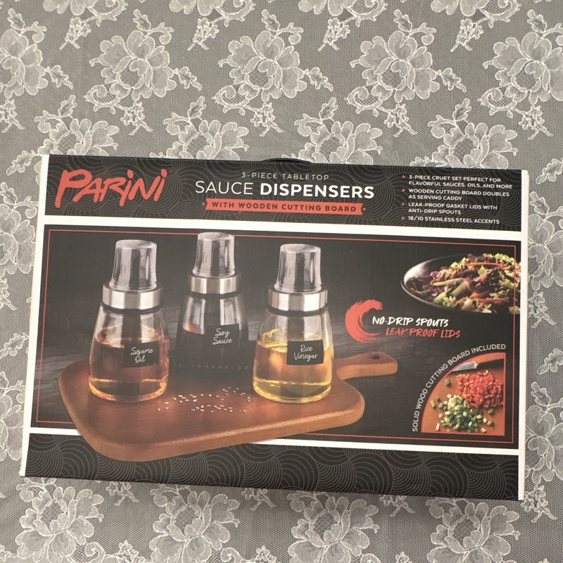 Parini Condiment Set 3 Leak-Proof 9 oz Dispensers w/Lids & Wood Board INV01034