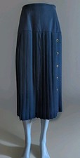 Vintage 1980s Navy Worsted Wool Pleated Midi Skirt w/Gold Side Buttons 6/S