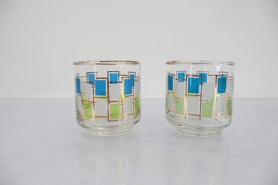 Libbey Nordic Blue Green Gold Geometric Shot Glasses Set of 2 Vintage MCM