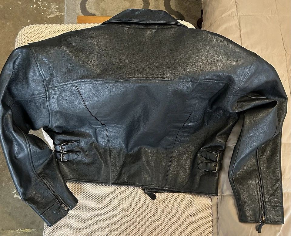 Chaqueta de Motociclista Easy Rider Vintage Cuero Negro Talla L Para Hombre Bolsillos con Cremallera Completa Foto 4 de 4