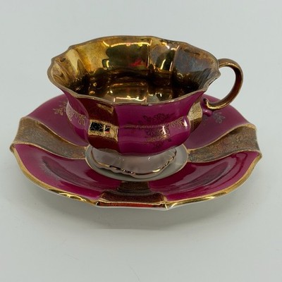 Vtg Lindner Kueps Bavaria Demitasse Cup Saucer Pink Gold Gilt Germany Tea Set