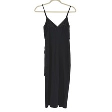 Lulus Womens Small Black Sleeveless V-Neck Ruched Faux Wrap Midi Dress