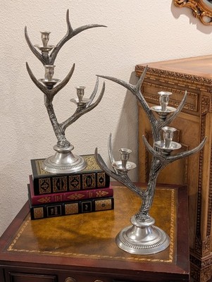 Vagabond House 95 Pewter Faux Antler Candelabra Pair Rustic Lodge Decor
