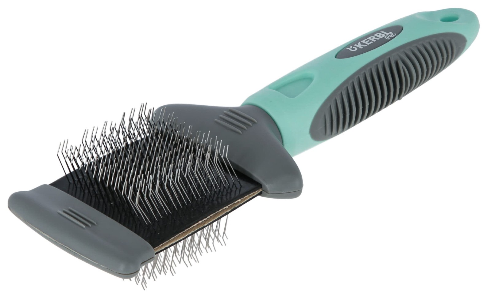 Carde douce double turquoise/gris 19X7cm, brosse démêlante sous-poil chien et chat