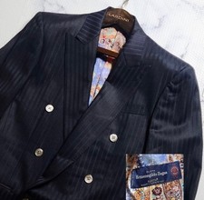 Ermenegildo Zegna ELECTA Double Breasted Suit Black Purple Stripe Paisley Lining