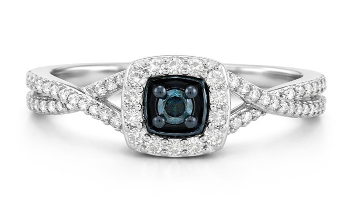 GENUINE BLUE & WHITE DIAMONDS RING SOLID .925 STERLING SILVER - New With Tag