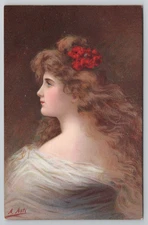 Artist Signed A Asti Postcard Pretty Young Lady Long Hair Marguerite Series 1292