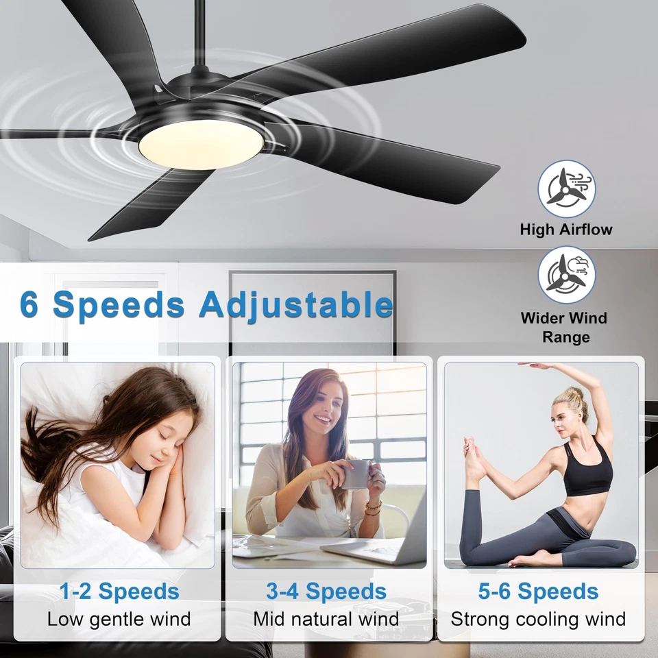 60’’ Ceiling Fan with Lights and Remote - Black Modern Ceiling Fan with 6 Spe... - Image 4 of 4