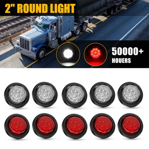 10x 2" DOT White Red Round Trailer 9LED Marker Lights Grommet Kit For Truck Bus