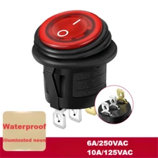1PCS SPST 3 Pin ON/OFF Round Rocker Switch w/ Red Neon Lamp 10A/125VAC