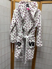 BETSEY JOHNSON~PLUSH~HOODED SHORT ROBE~XS-BELTED PINK DOTS