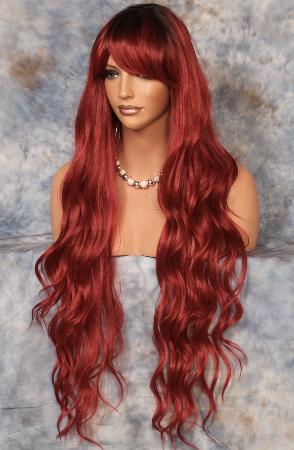 Human Hair Blend 40" Long Full Wig Heat OK Wavy bangs JSSH Black roots Red  Wine | eBay