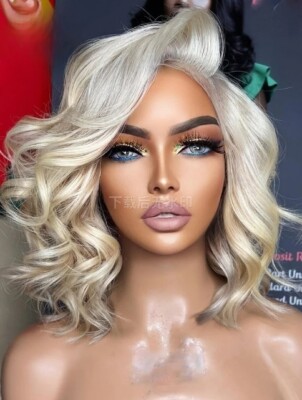 100% Human Hair Wigs Short Bob Wavy Platinum Blonde Lace  display picture 2