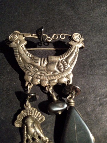 Large Dangly Haematite Aztec Mayan Brooch Pin, Vintage, Moon Sun - Picture 2 of 9