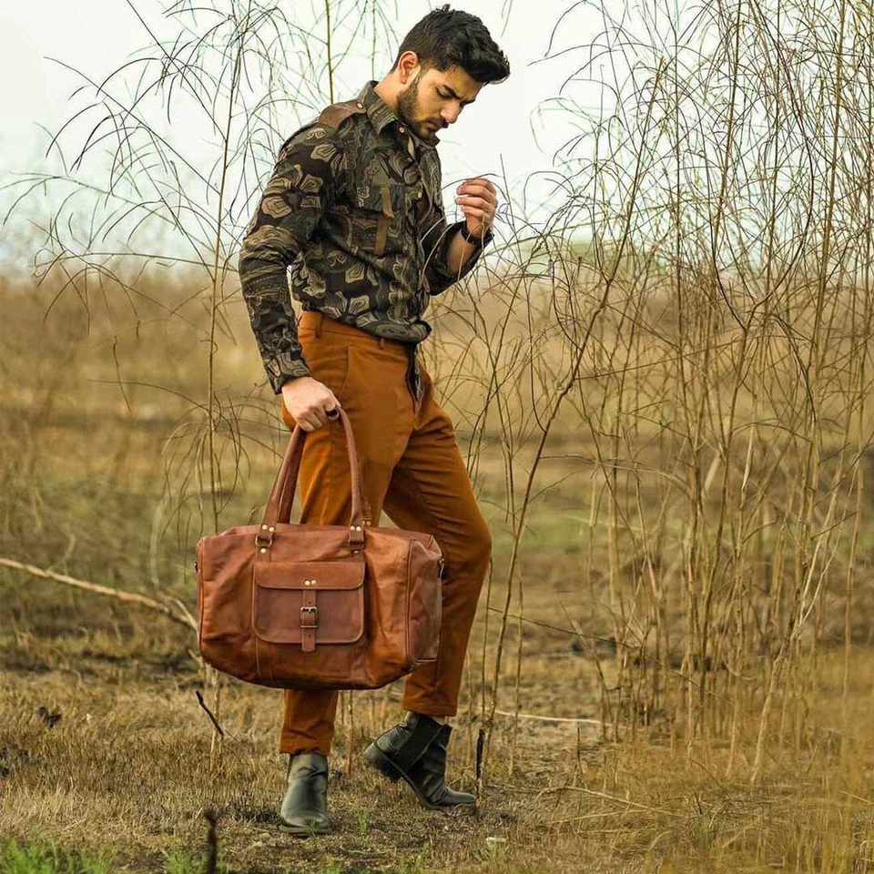 Un bolso genuino vintage de cuero de cabra gimnasio equipaje de viaje lona fin de semana noche Foto 2 de 4