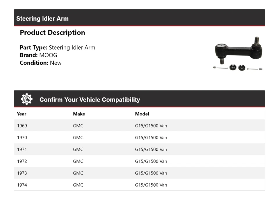 Brazo de rueda loca de dirección para furgoneta GMC G15/G1500 1969-1974 MOOG 1969 1970 1971 1972 1973 Foto 2 de 4