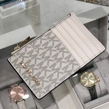 Michael Kors Jet Set Travel MD Top Zip Card Case Coin Pouch Wallet Light Cream
