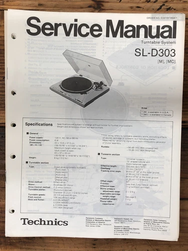 Technics SL-D303 Record Player / Turntable  Service Manual *Original*