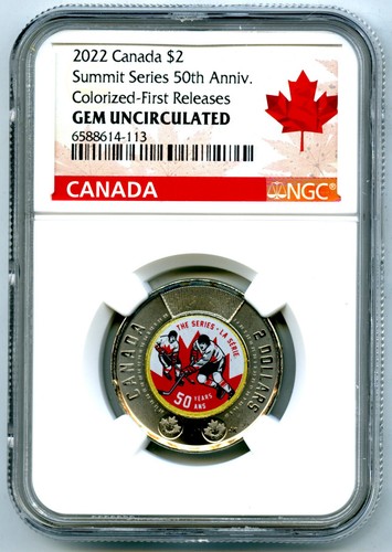 2022 $2 CANADÁ NGC GEMA SIN CIRCULAR COLOR SERIE SUMMIT TOONIE DOS DÓLARES PRIMEROS LANZAMIENTOS - Imagen 1 de 2