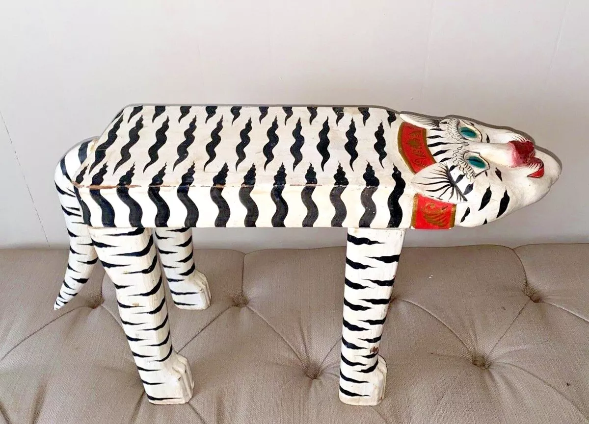 VTG Carved Folk Art Leopard Cat Hand Painted Bench Wood Table