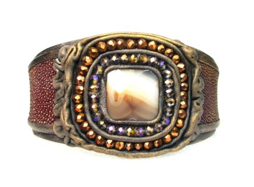 Adjustable Genuine Sculpted Stingray Leather Bracelet-Agate and Crystal Stone