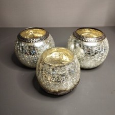 Candle Holder Set Tealights x3  Crackled Glass Effect Good Condition 