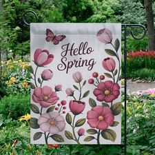 Hello Spring Garden Flag Pink Floral Flower Butterfly Yard Decor Outdoor Banner