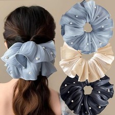 3Pcs Flowing Satin Scrunchies for Women Big Scrunchie with Pearl Pleated Satin S