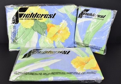  FIELDCREST Twin SET Fitted & Flat Sheet/2 Pillowcases Blue Floral Catalina 70s