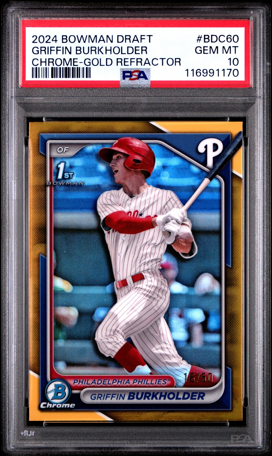 2024 BOWMAN DRAFT CHROME-GOLD REFRACTOR #BDC60 GRIFFIN BURKHOLDER 16/50 PSA 10