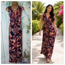 Roman Navy Floral Maxi Dress Size 14 Tropical Twist Front Holiday Occasion