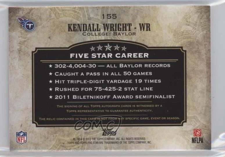 2012 Topps Five Star /50 Kendall Wright #155 RPA Rookie Patch Auto RC - Image 2 of 2