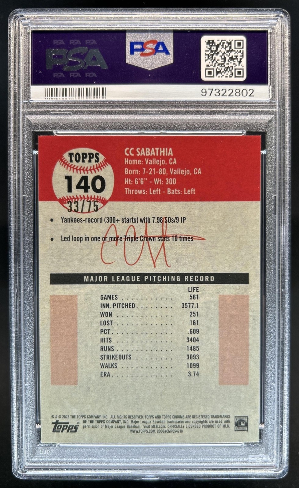 2022 Topps Chrome Platinum CC Sabathia Rose Gold Refractor #/75 PSA 10 Auto view 2