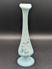 Vintage FENTON Satin Blue Hand-painted Swung Vase 8"  Original Sticker SEE PICS