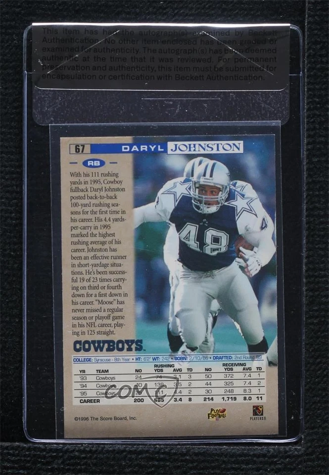 BAS 1996 Pro Line Anaheim National /499 Daryl Johnston #67 Seal of Authenticity - Image 2 of 2