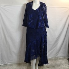 Alex Evenings SZ 14 Royal Blue 2Piece Set Midi Dress Tiered Asymmetrical Chiffon