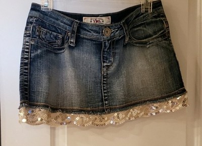 YMI denim jean white lace, silver sequin skit, size 5