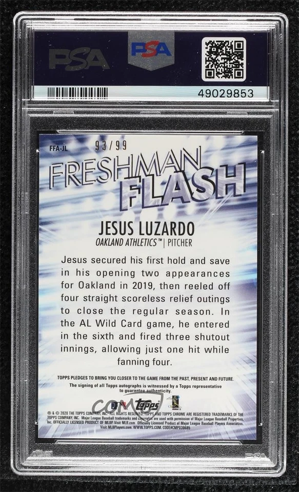 2020 Topps Chrome Freshman Flash /99 Jesus Luzardo PSA 9 MINT Rookie Auto RC - Image 2 of 2