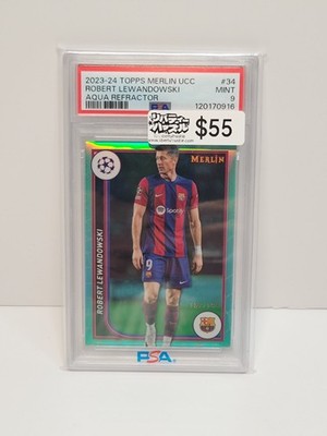 2023-24 TOPPS MERLIN UCC #34 ROBERT LEWANDOWSKI AQUA REFRACTOR /199 PSA 9 MINT