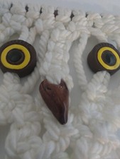 Vintage White Nylon Macrame Owl Wall Hanging Clay Eyes  Beak 17" x 10" approx.